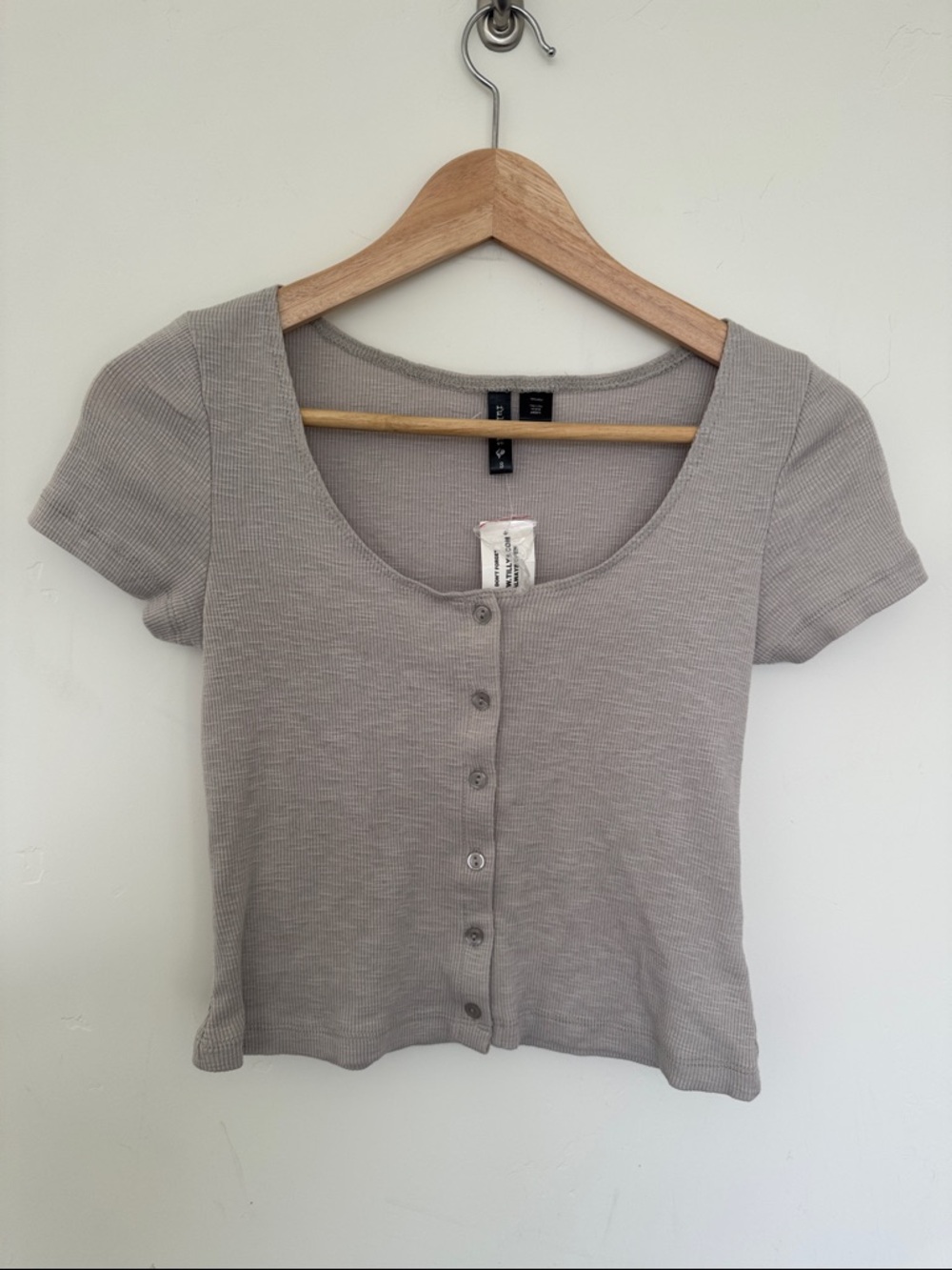 Full Tilt Ribbed Button Front Scoop Top - Light Gray